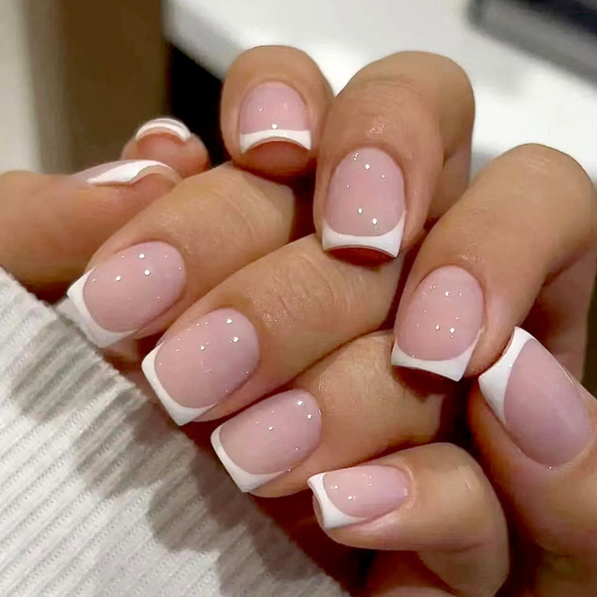 Vopintpy white French tip press-on nails in short square shape with glossy pink finish, great for quick manicures