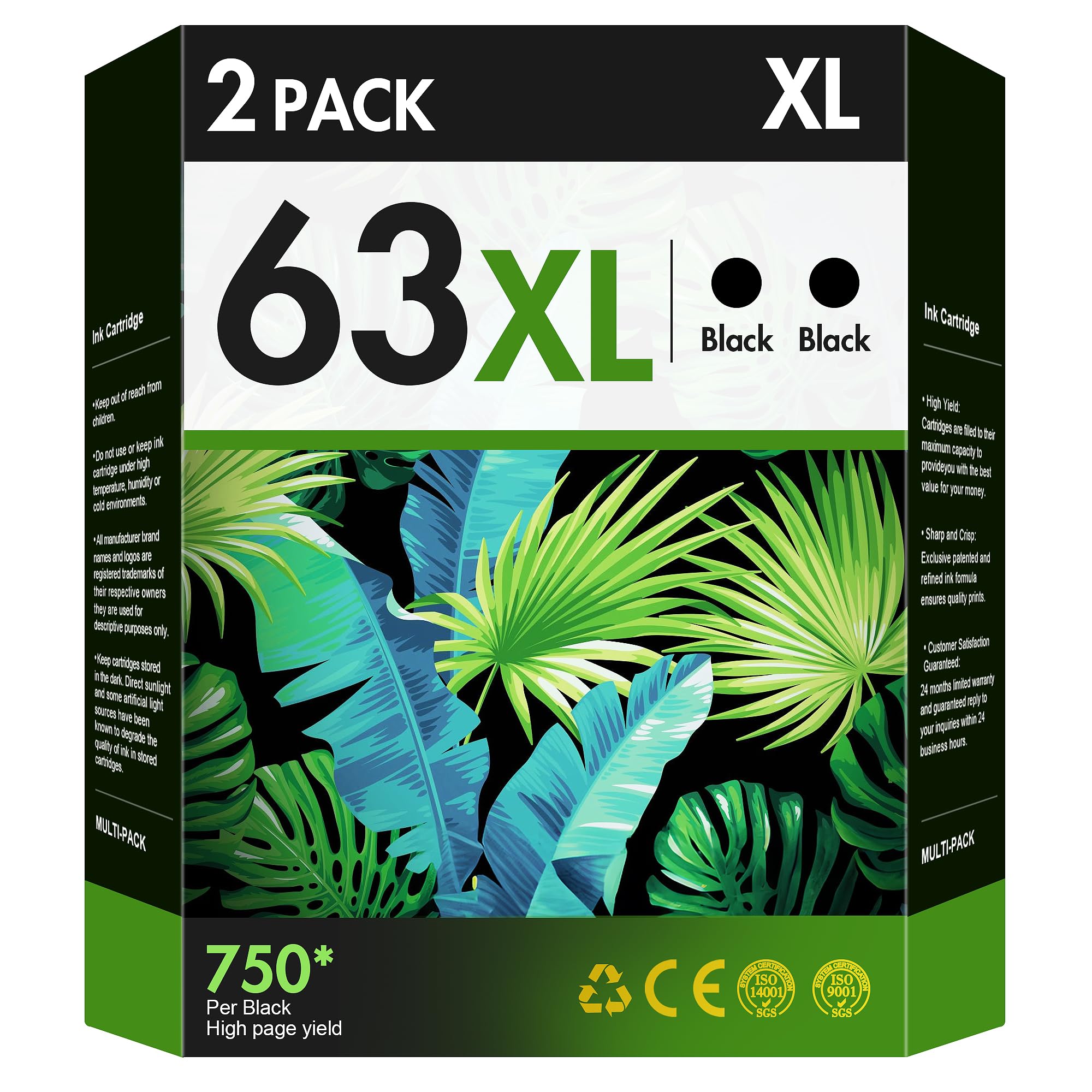 VOREDO 63XL black cartridge 2-pack, compatible with HP OfficeJet and DeskJet printers.