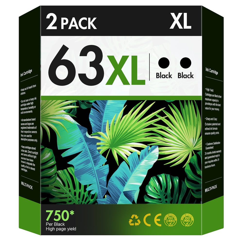 VOREDO 63XL black cartridge 2-pack, compatible with HP OfficeJet and DeskJet printers.