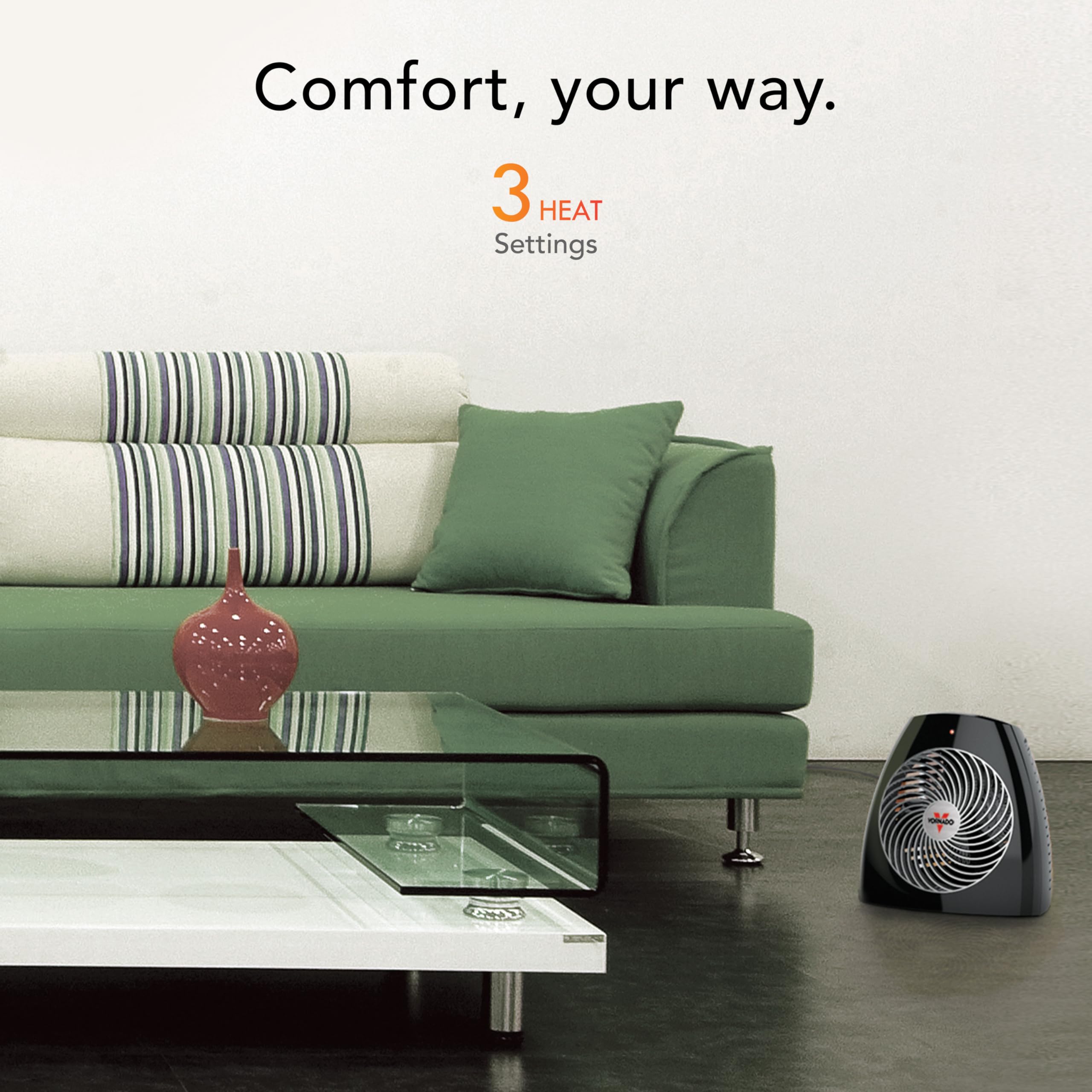 Vornado MVH-2025 heat settings panel demonstrating three heat levels for efficiency