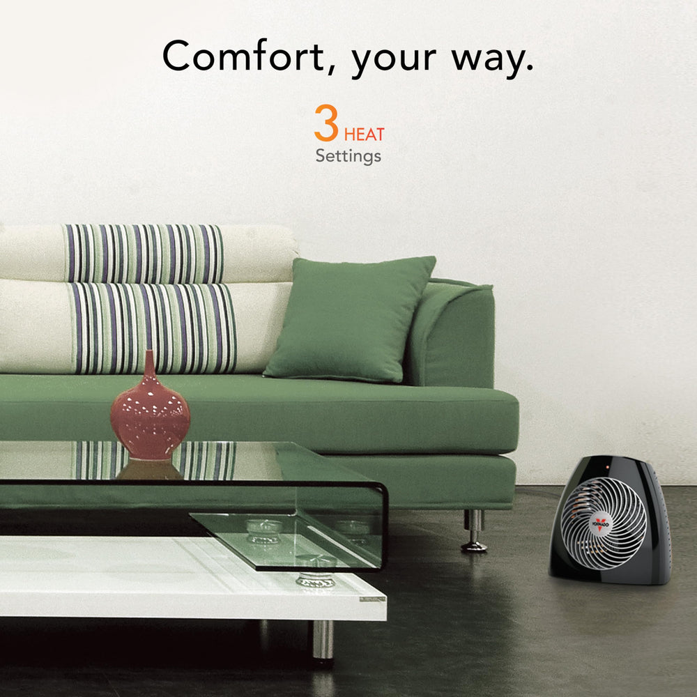 Vornado MVH-2025 heat settings panel demonstrating three heat levels for efficiency