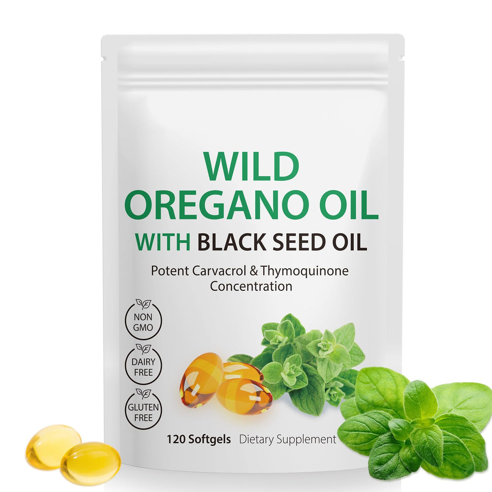 Vortexonix Oil of Oregano Softgels bottle front showing 2-in-1 formula for daily immune support.