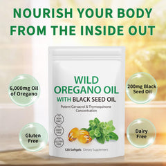 Vortexonix packaging display for the 2-in-1 oregano oil with black seed oil on shelf.