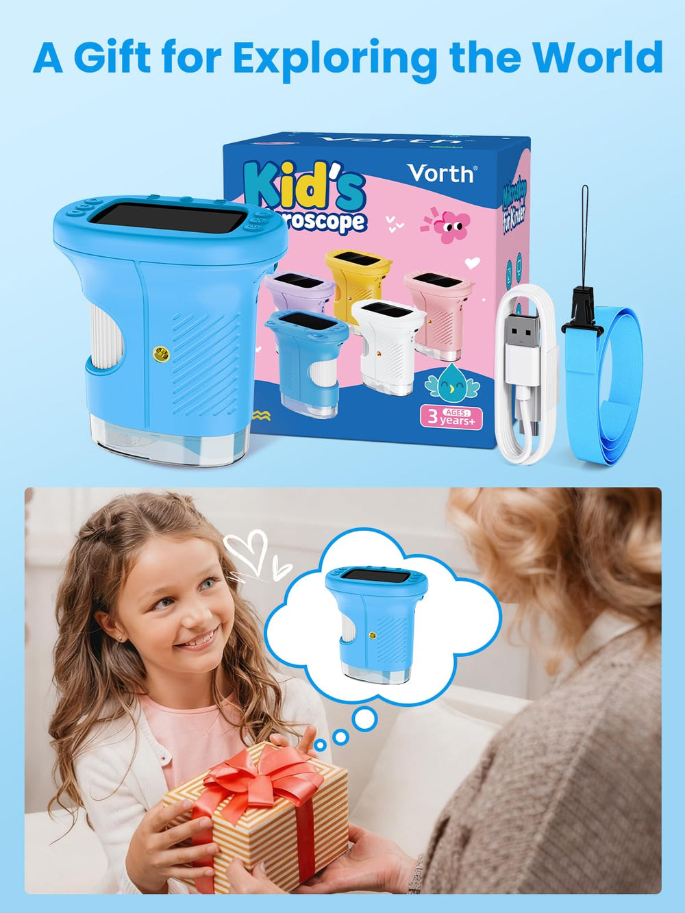 Vorth kids microscope easy setup with focus adjustments for beginners.