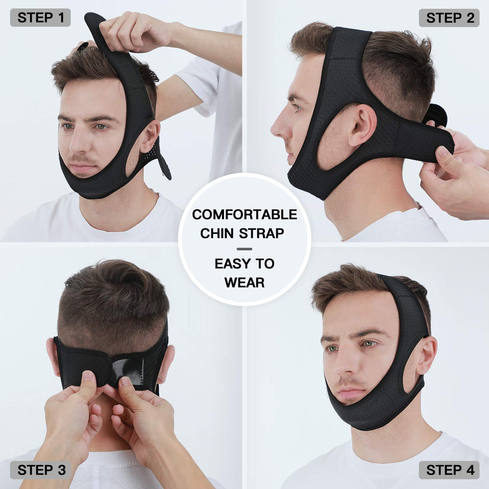 Step by step use guide for Vosaro chin strap ensures proper fit before sleep.