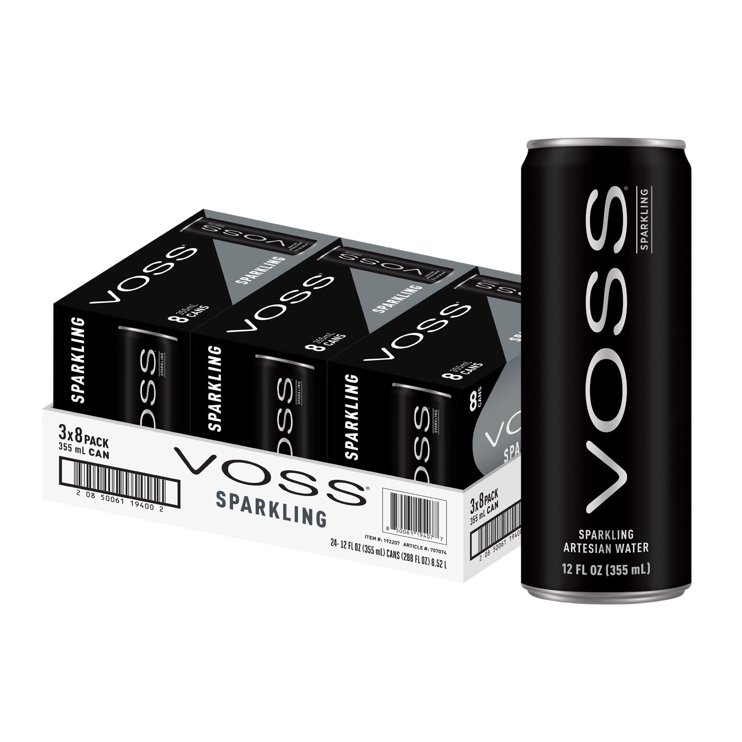 VOSS Artesian Sparkling Water 3-pack slim cans shown for premium hydration on the go.