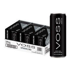 VOSS Artesian Sparkling Water 3-pack slim cans shown for premium hydration on the go.