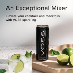 VOSS sparkling water poured into a glass with ice for refined sipping.