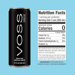 Close-up of a VOSS slim can highlighting crisp bubbles and design.