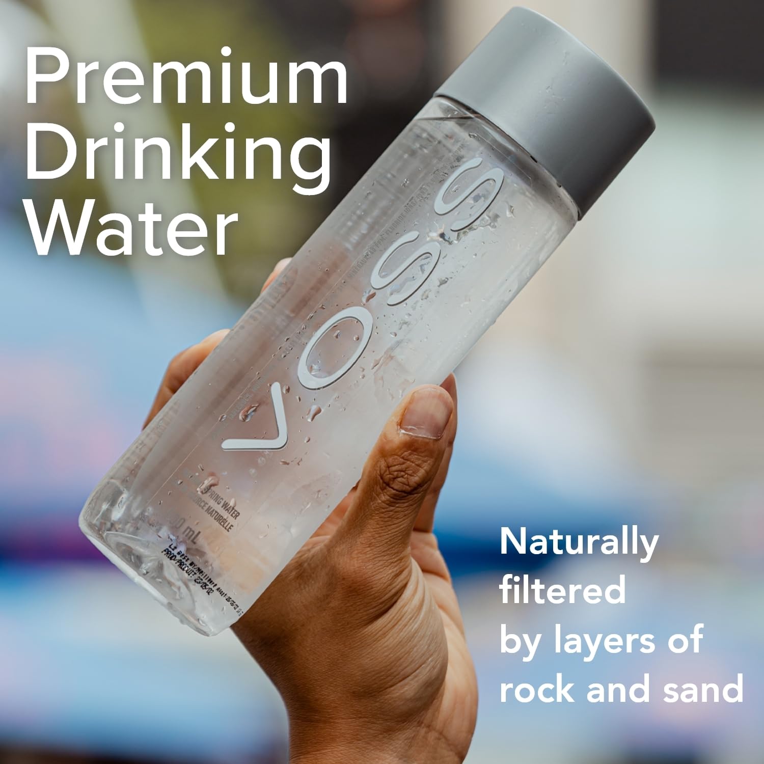 VOSS plastic bottle on-the-go hydration in gym bag or commute scenario.