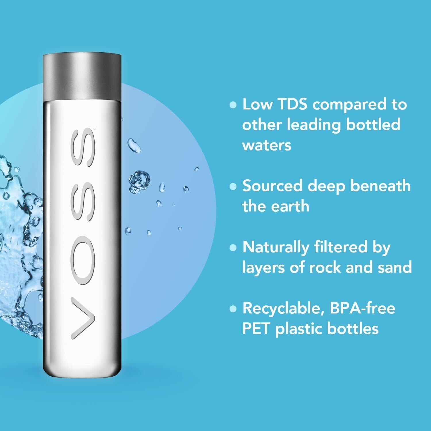 VOSS recyclable bottle highlights sustainability with reduced plastic usage.