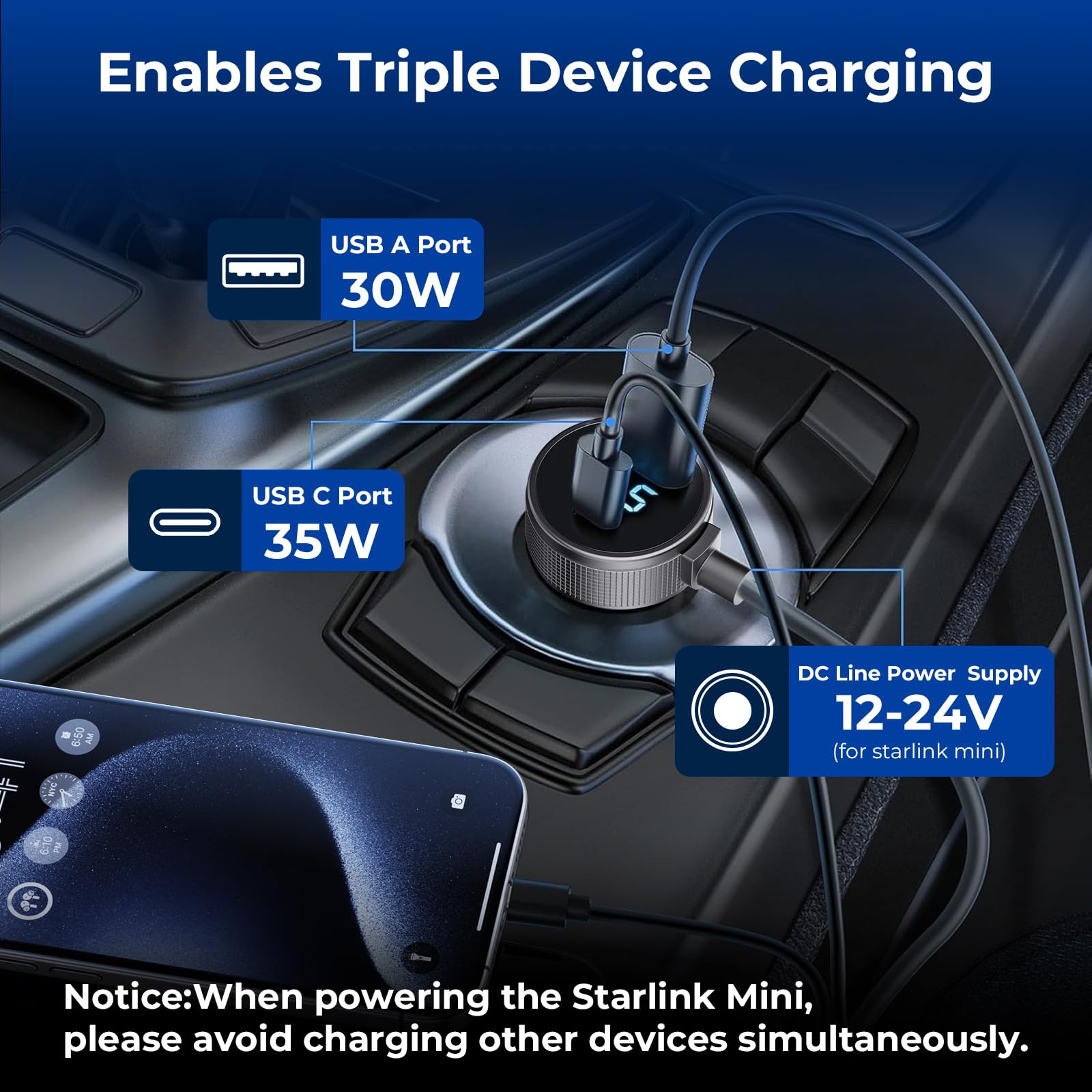 Vostolobo Starlink Mini cable includes USB-A port for additional devices.