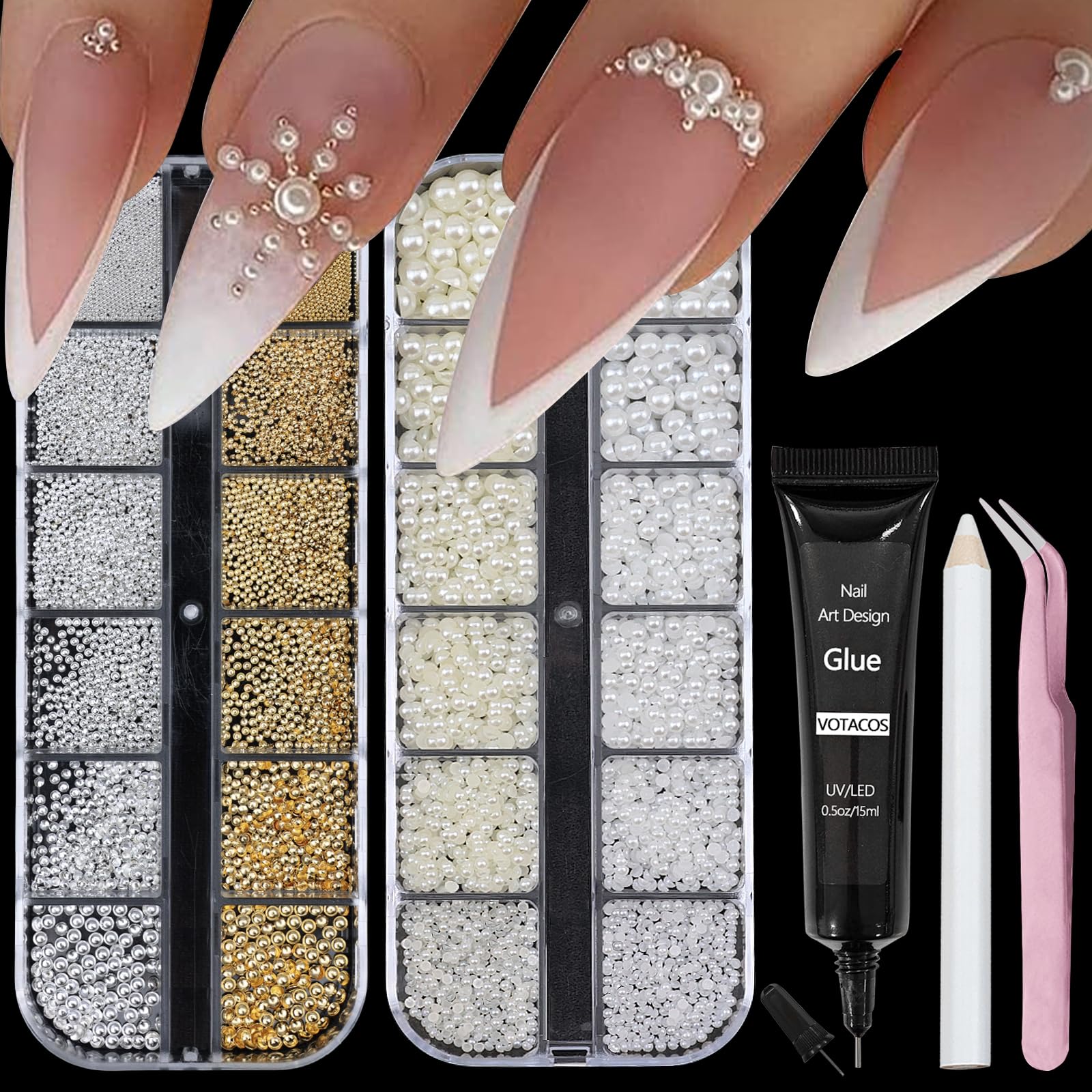 VOTACOS nail pearls two-box set with glue for at-home salon results