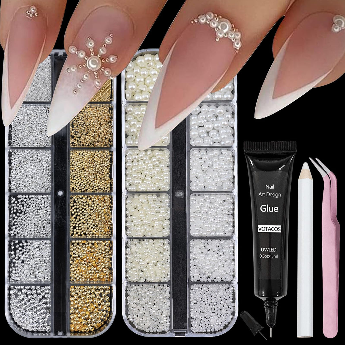 VOTACOS nail pearls two-box set with glue for at-home salon results