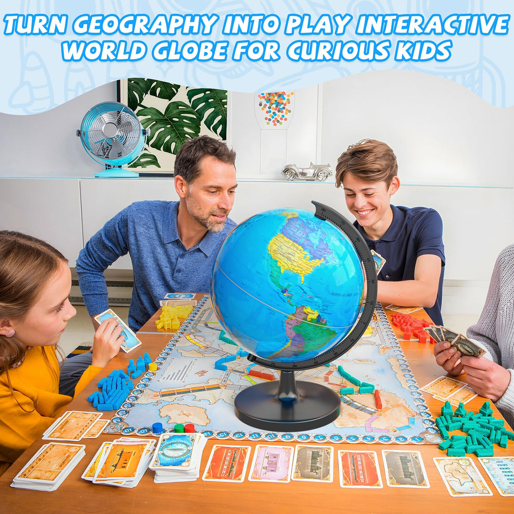 Voxelure globe highlights islands and ocean currents for geography study.