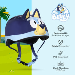 Voyager Bluey bike helmet side view highlighting secure fit and chin strap.