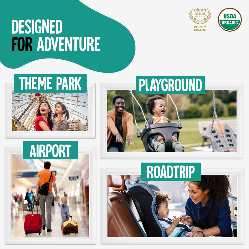 Voyager Milk packaging highlights no antibiotics claim for kids travel options.