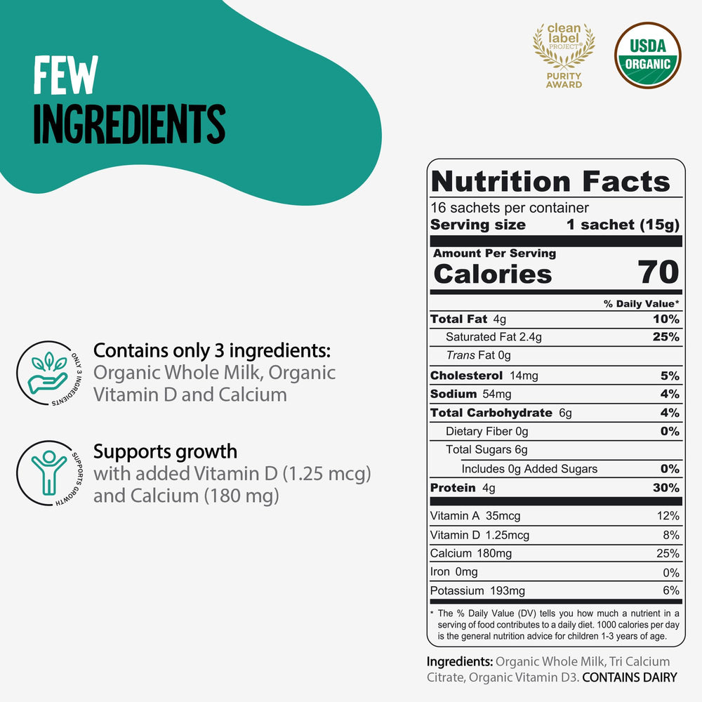Voyager Milk organic whole milk powder sachet highlights clean, simple ingredients.