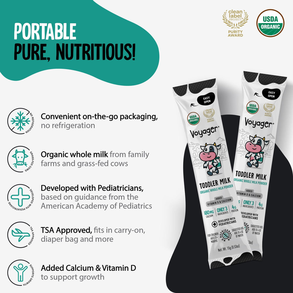 Voyager Milk shelf-stable travel pack ready to mix with water.