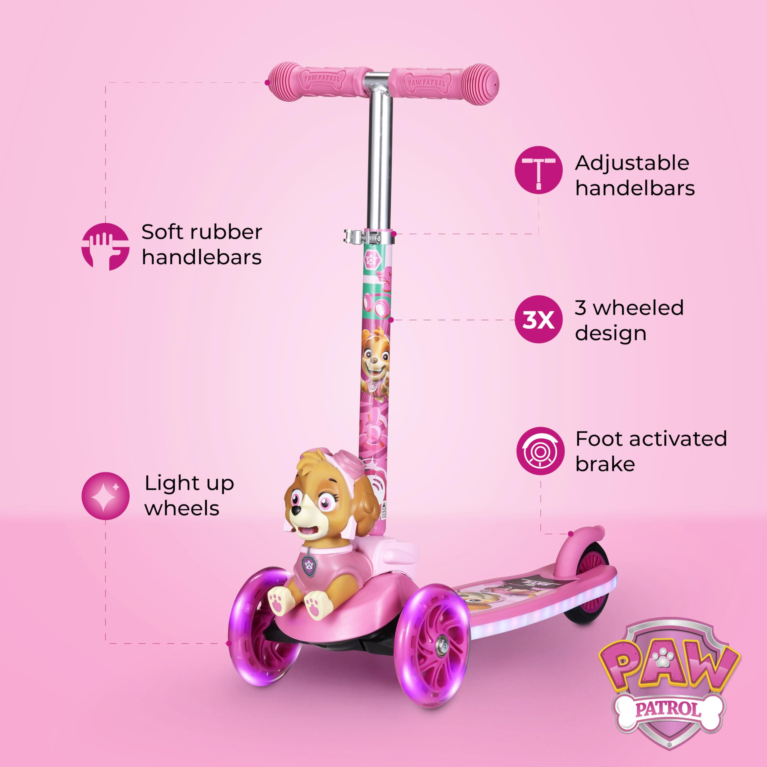 Voyager Paw Patrol Skye side view highlights wide deck for secure footing