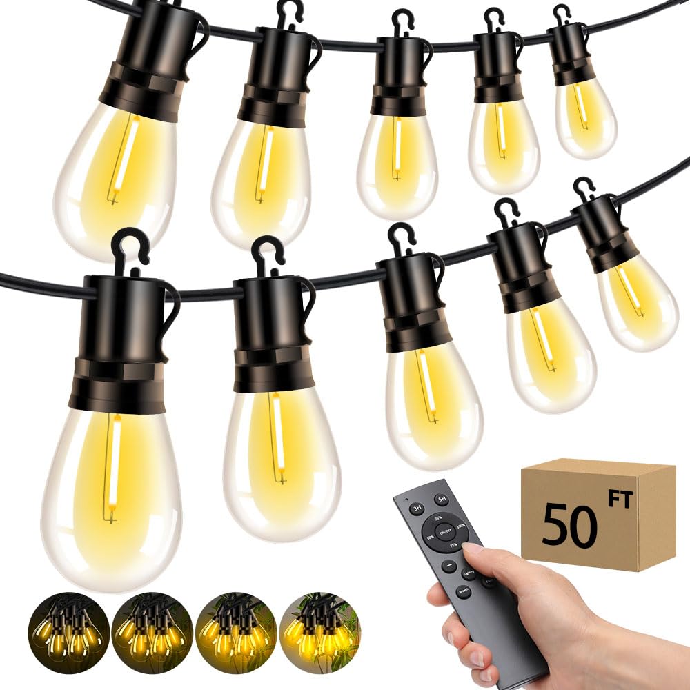 VOZUJI outdoor string lights 50ft glow for cozy backyard dining.