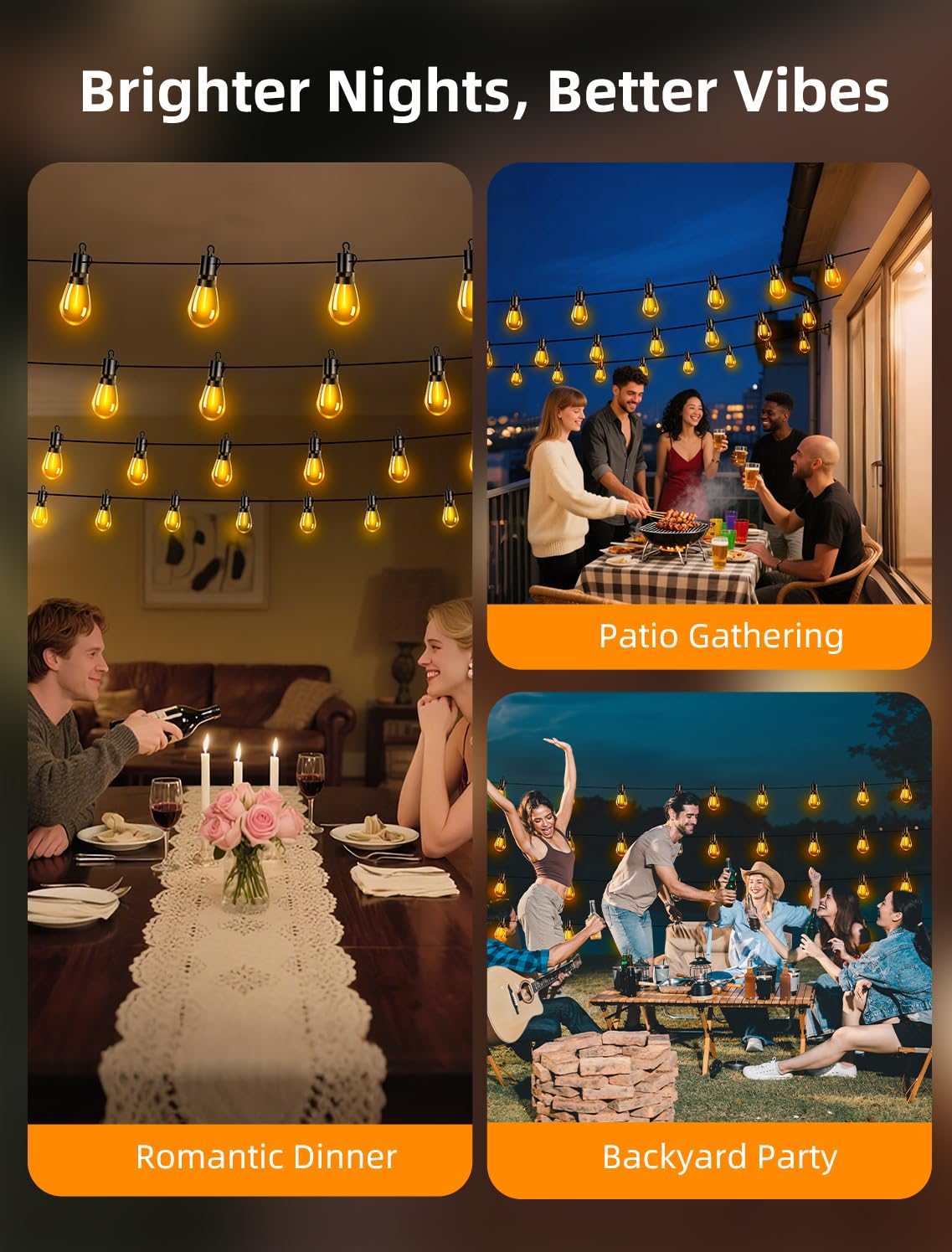 VOZUJI warm-gold ambience supports cozy gatherings and outdoor entertaining.