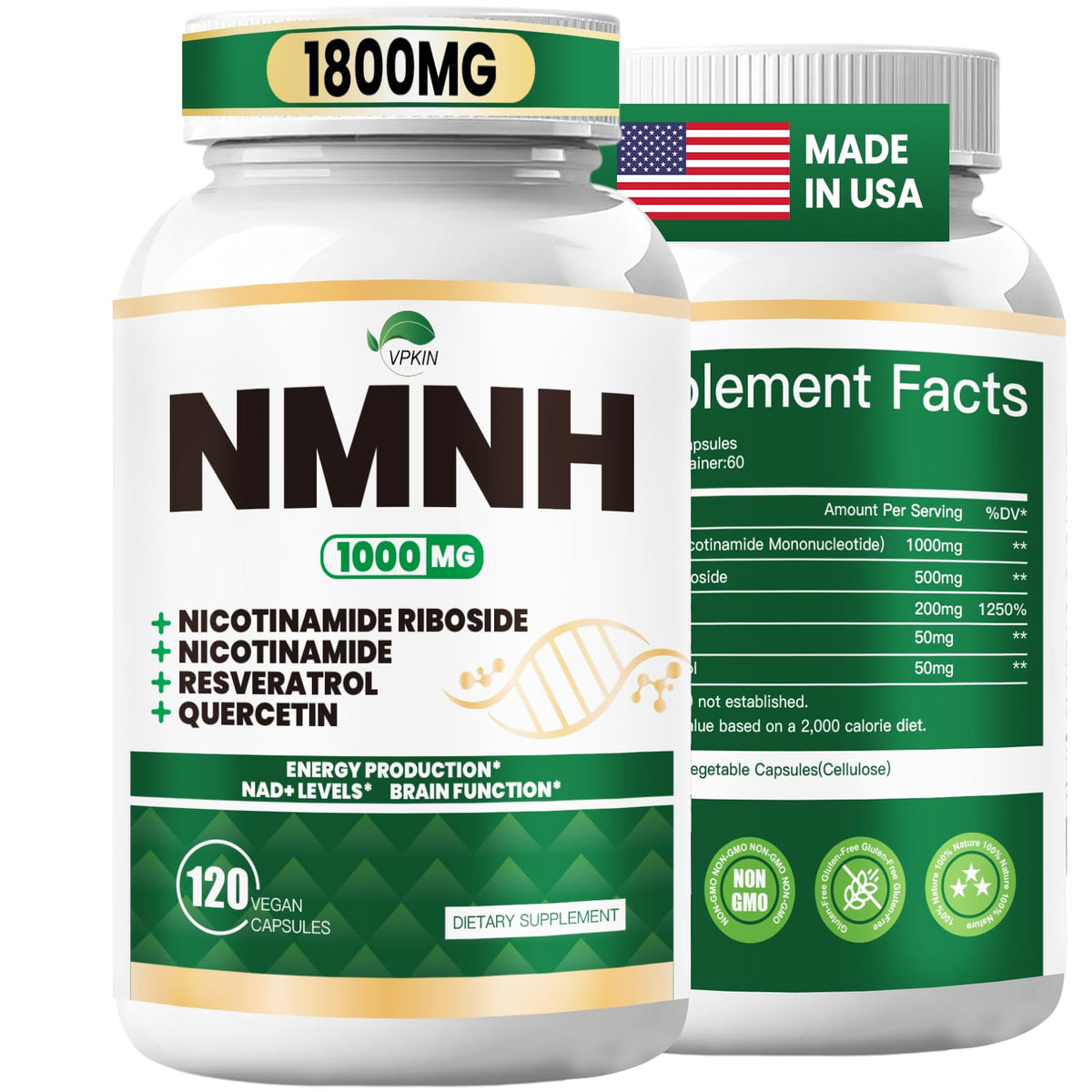 VPKIN NMNH bottle front displaying 120 vegan capsules for daily NAD+ support
