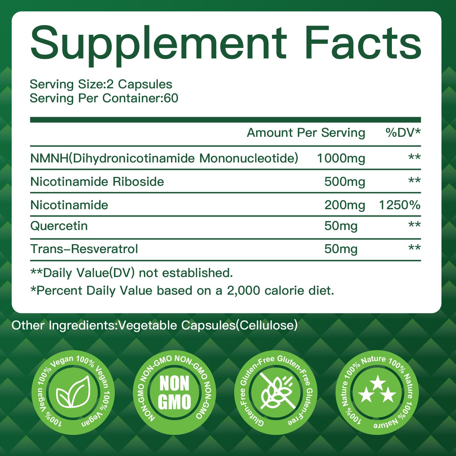 VPKIN NMNH ingredients close-up featuring NR and Resveratrol for NAD+ blend