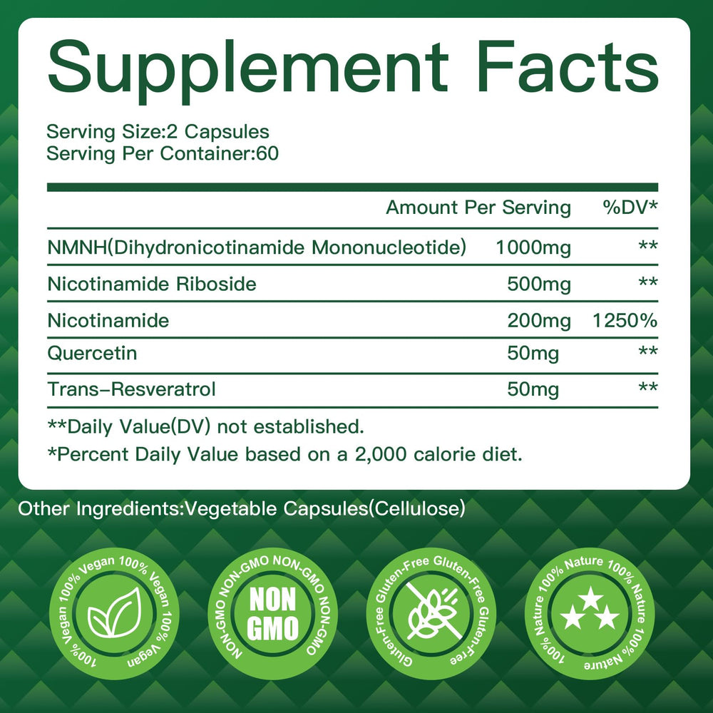 VPKIN NMNH ingredients close-up featuring NR and Resveratrol for NAD+ blend