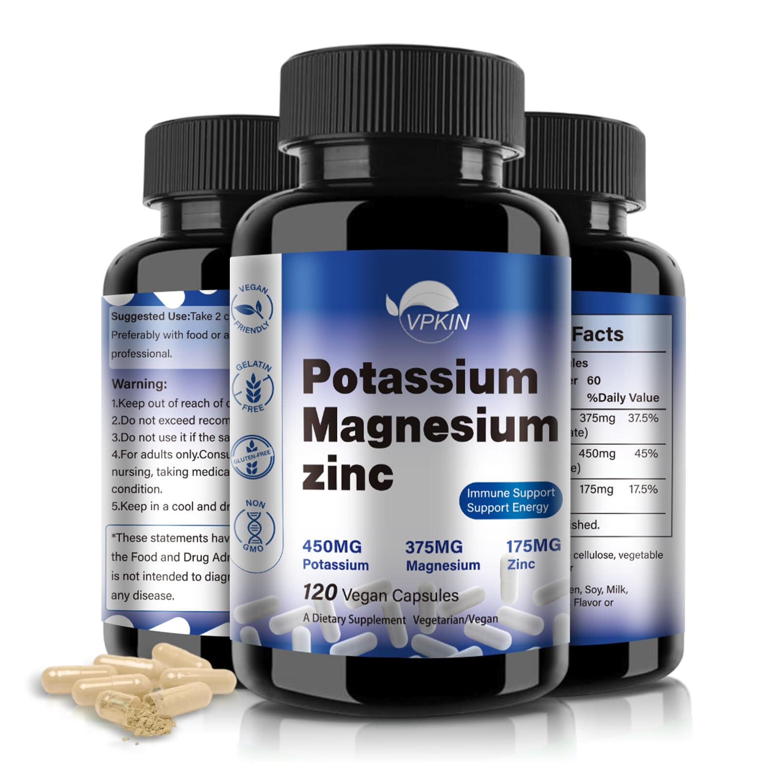 VPKIN Potassium Magnesium bottle with capsules supports daily muscle and nerve function.