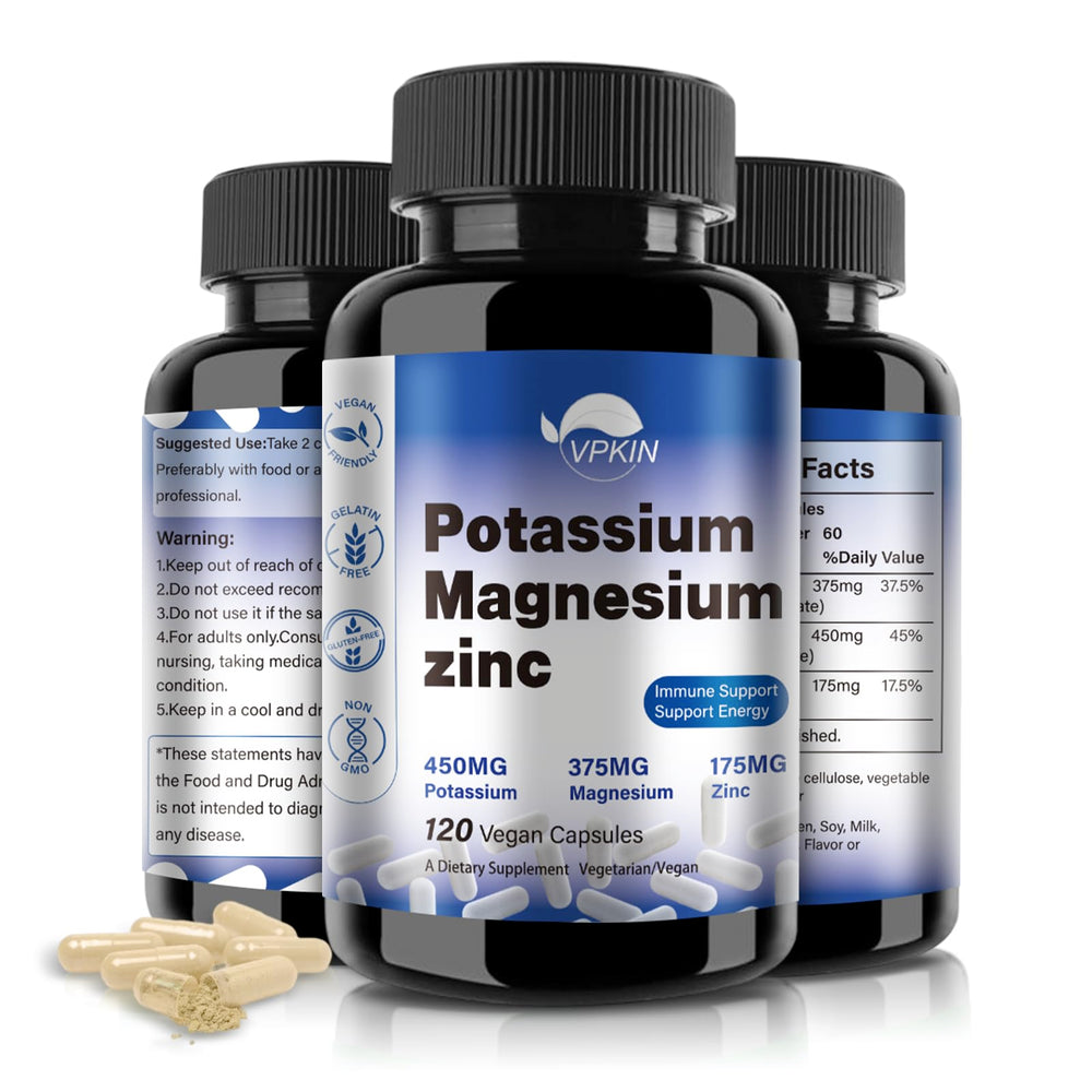 VPKIN Potassium Magnesium bottle with capsules supports daily muscle and nerve function.