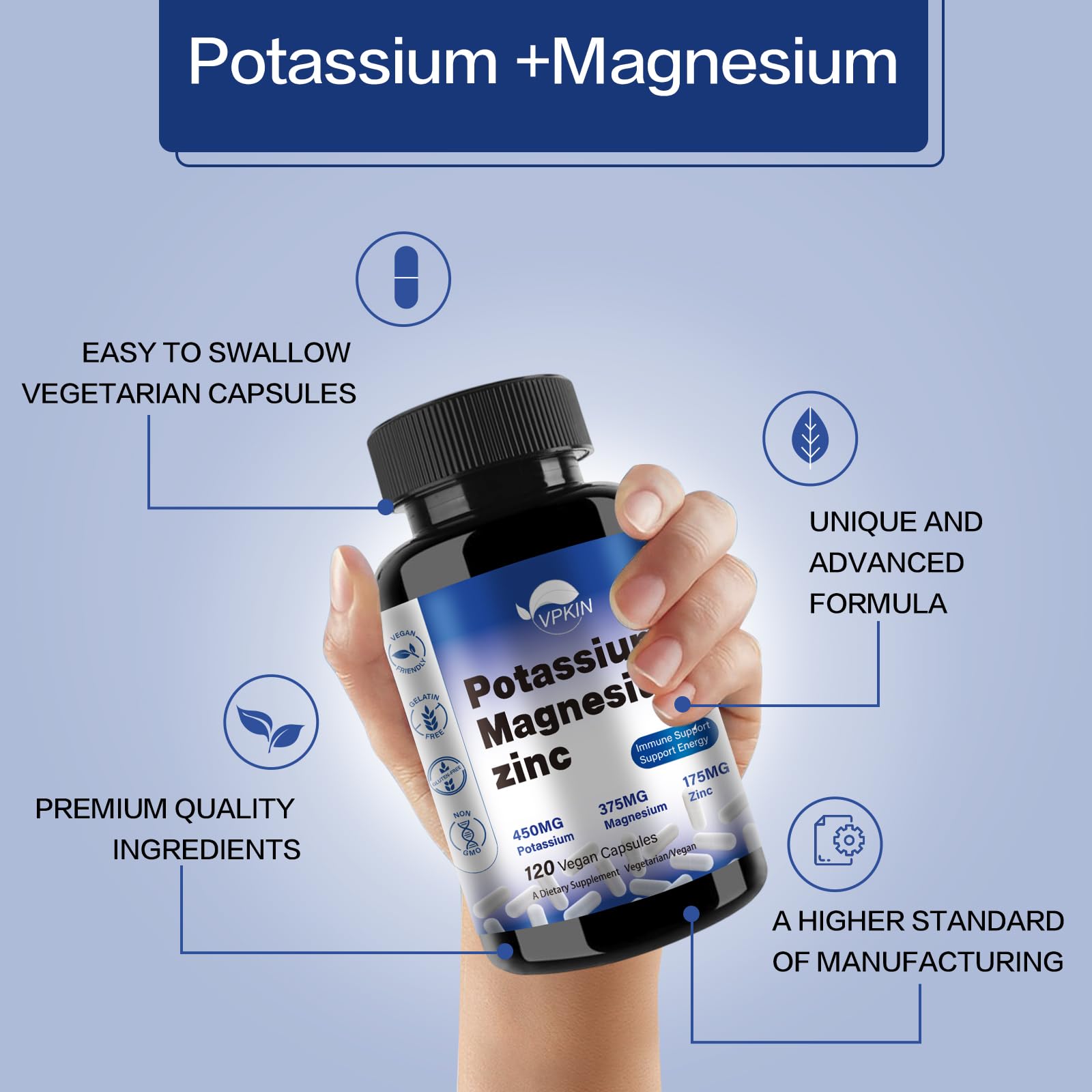 VPKIN Zinc citrate bottle underscoring immune-support properties and non-GMO quality.