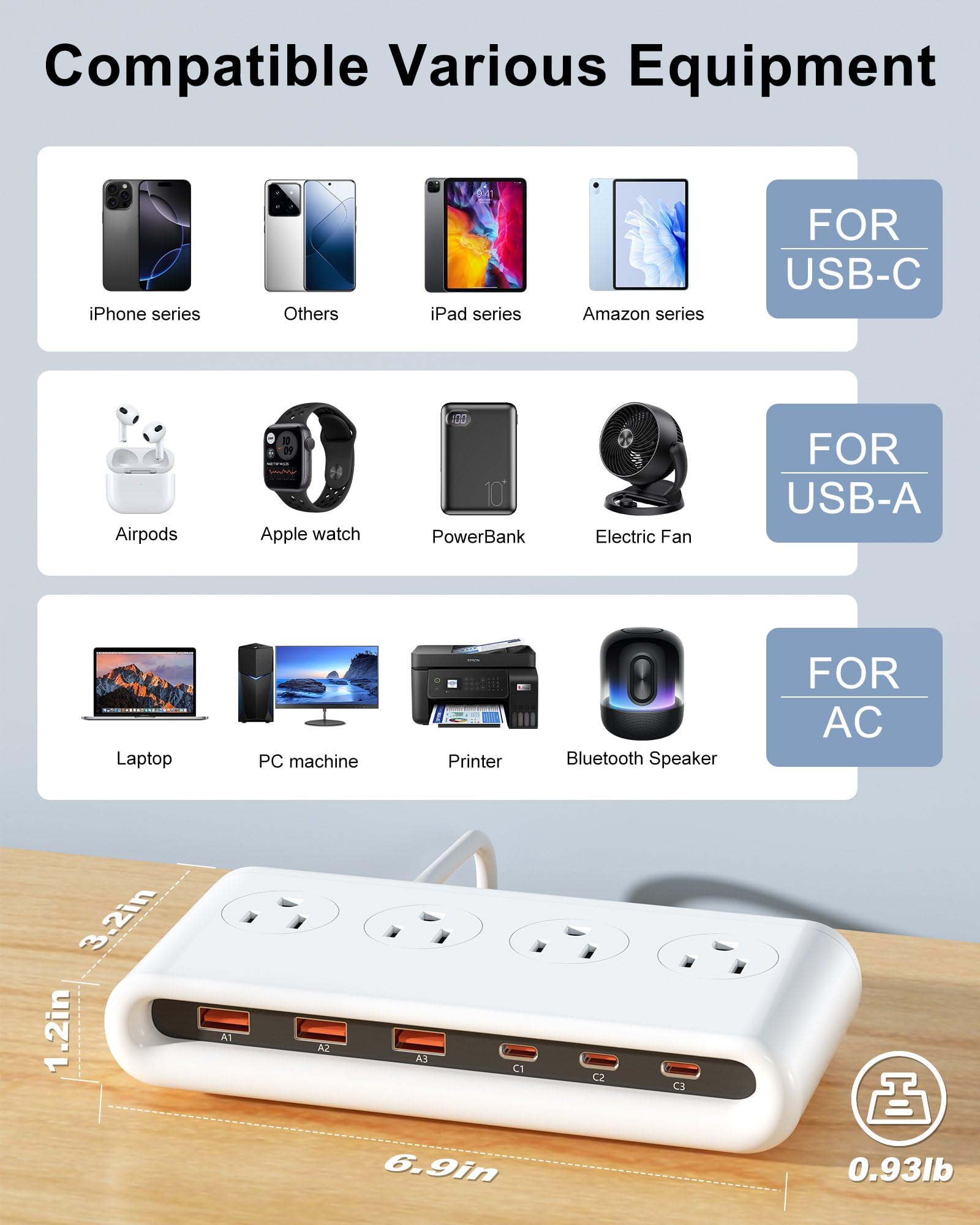 VPSUN power strip desk setup image demonstrates organized home office charging hub.