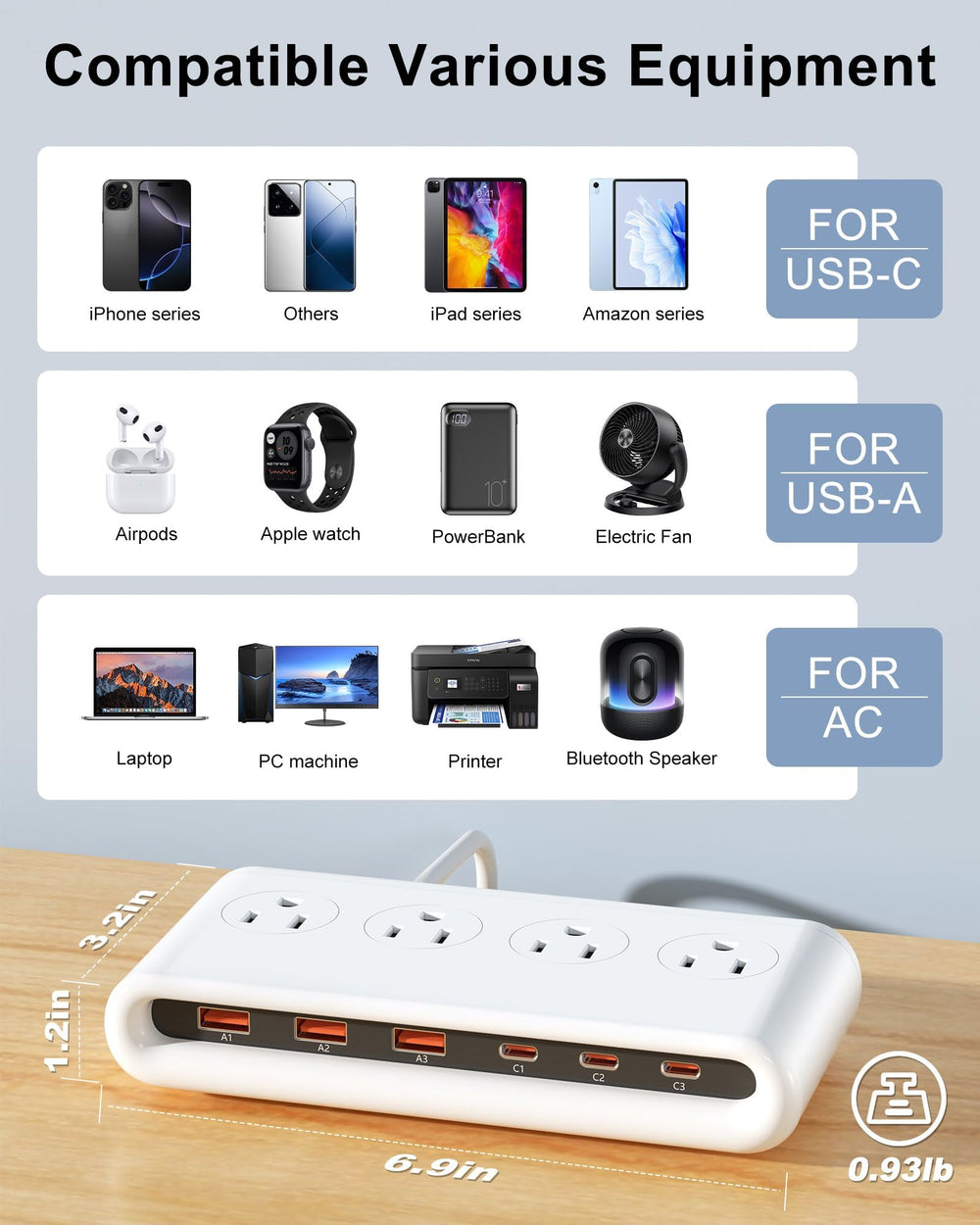 VPSUN power strip desk setup image demonstrates organized home office charging hub.