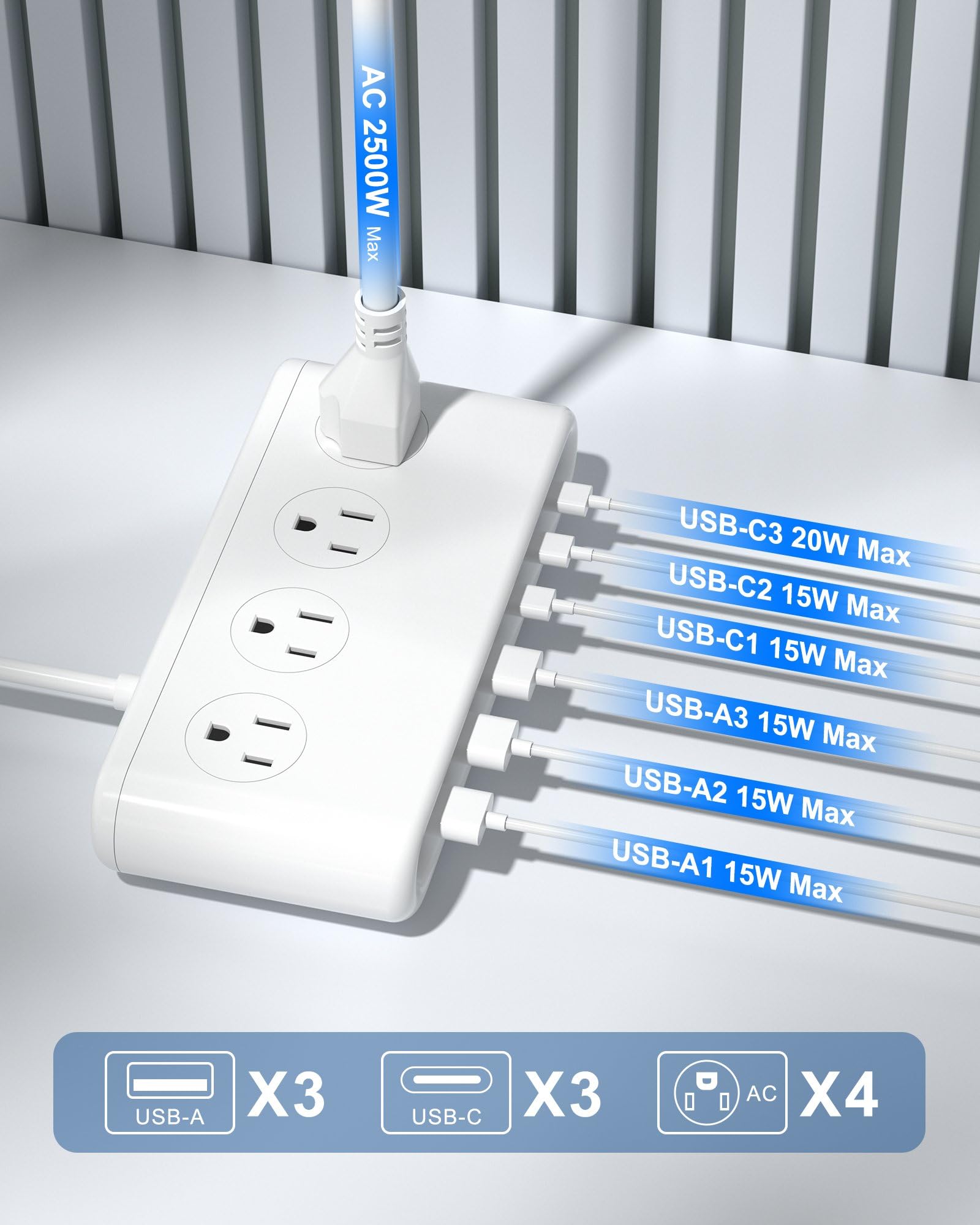 VPSUN power strip flat plug 5ft cord enables space-saving placement on desks.