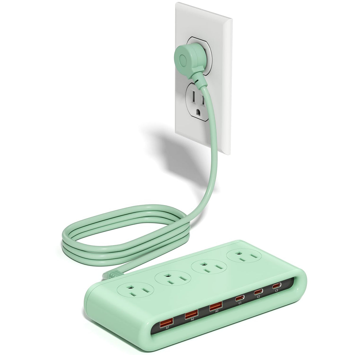 VPSUN power strip front view with 4 outlets and 3 USB ports for multi-device charging.