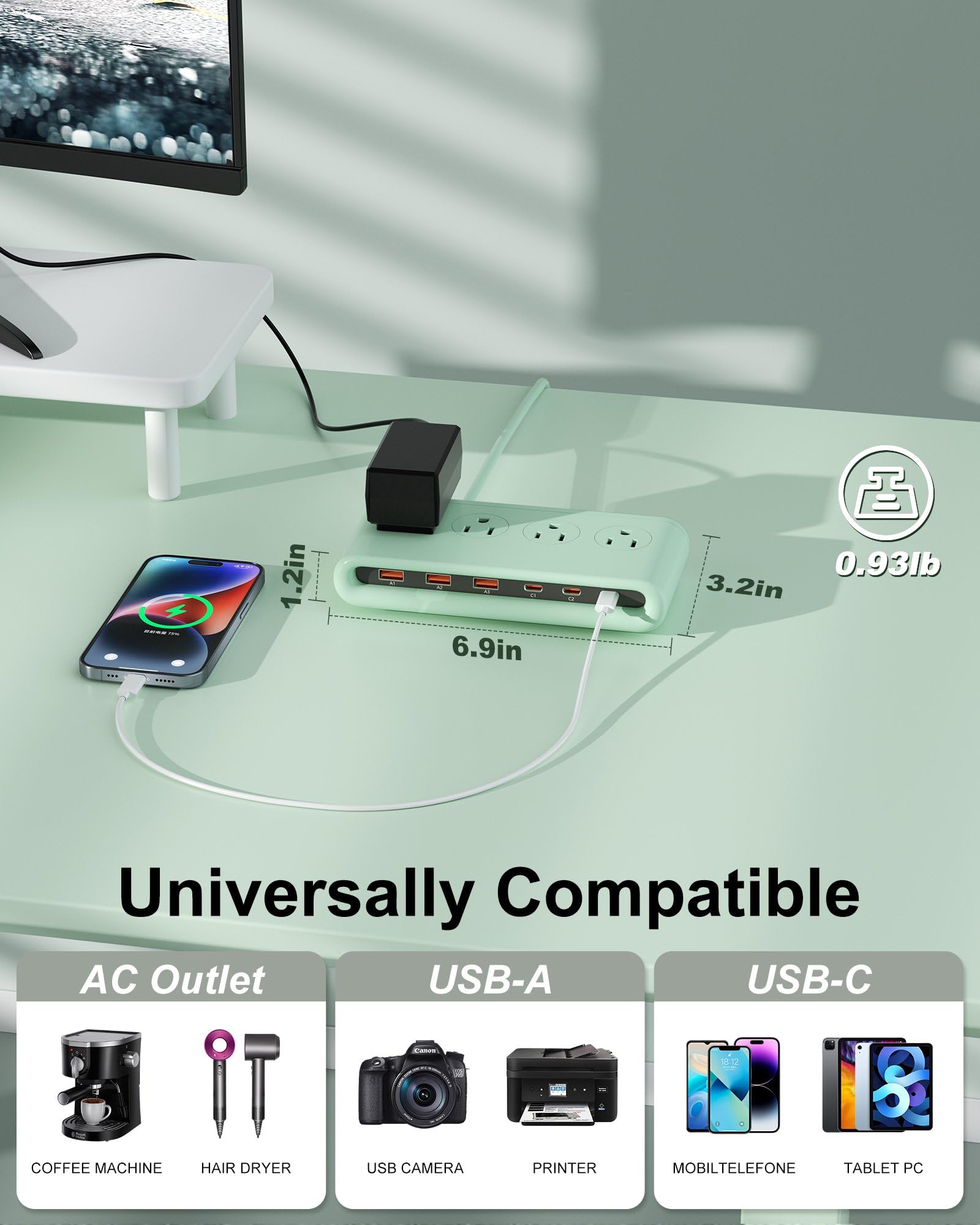 VPSUN green-colored power strip adds organizational flair to workspaces.