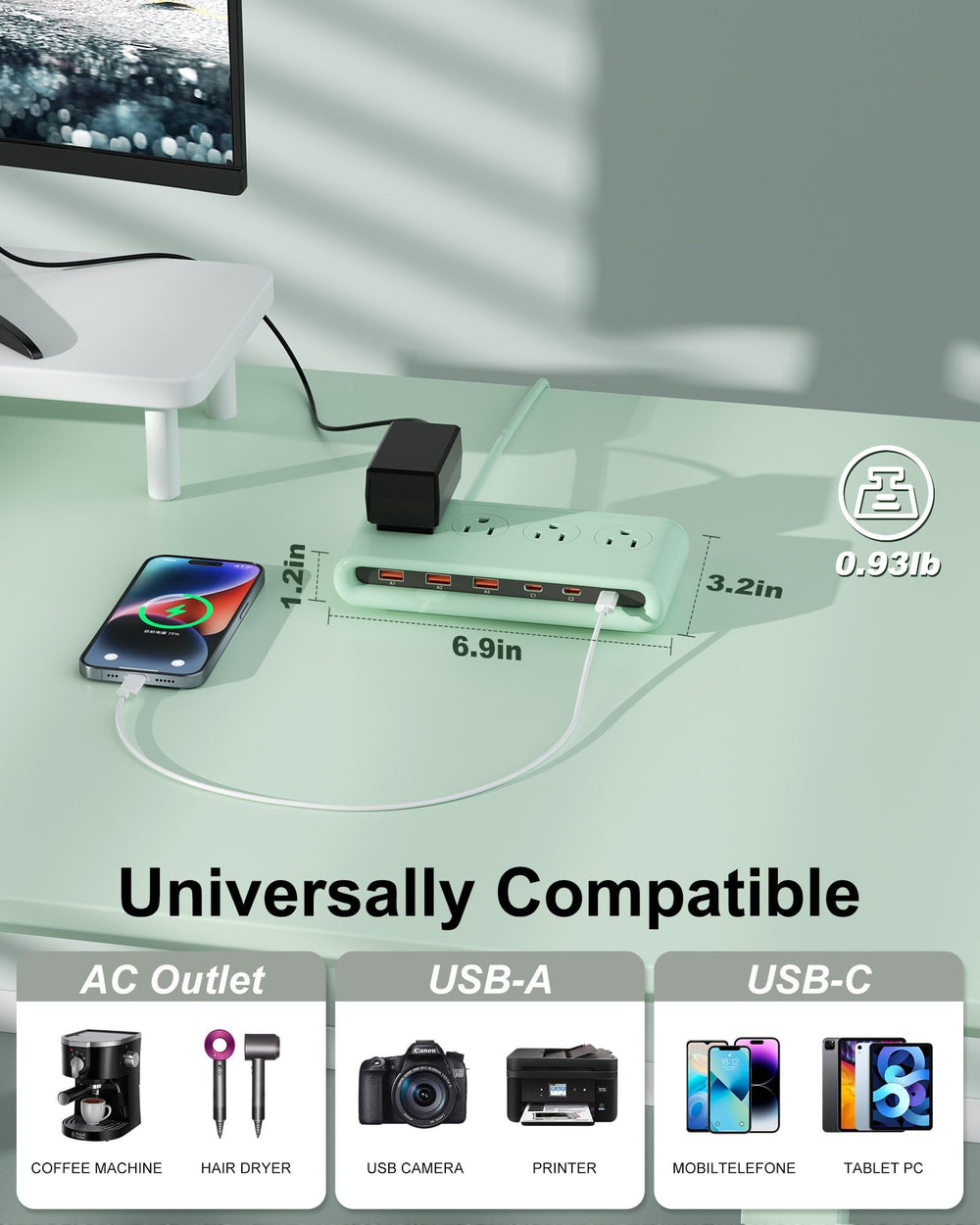 VPSUN green-colored power strip adds organizational flair to workspaces.