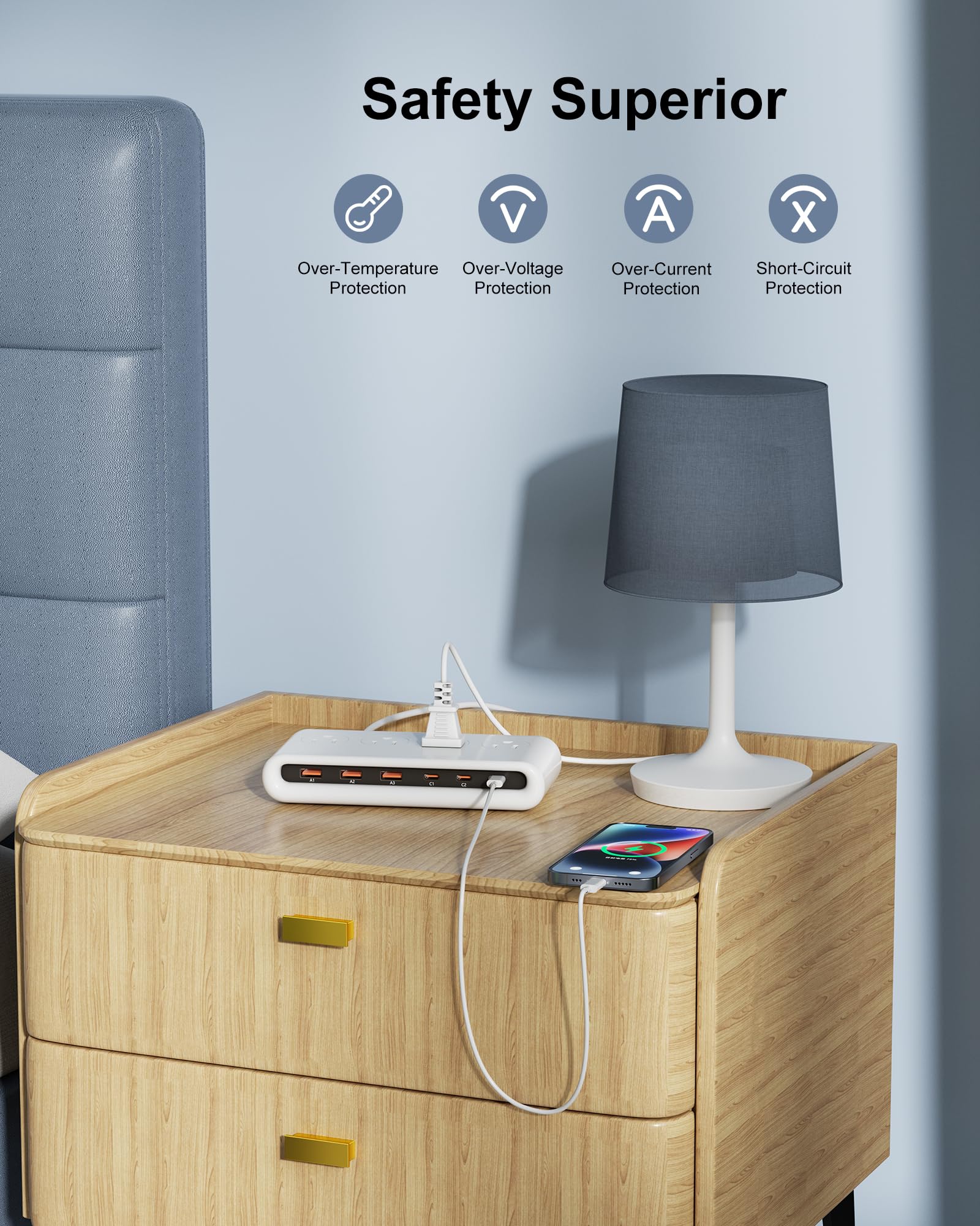 VPSUN power strip multi-device charging scene shows simultaneous devices powered efficiently.