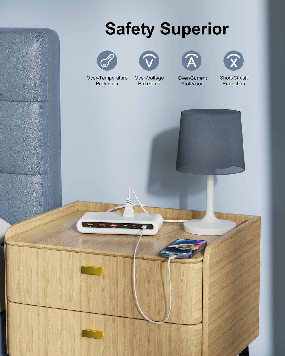 VPSUN power strip multi-device charging scene shows simultaneous devices powered efficiently.