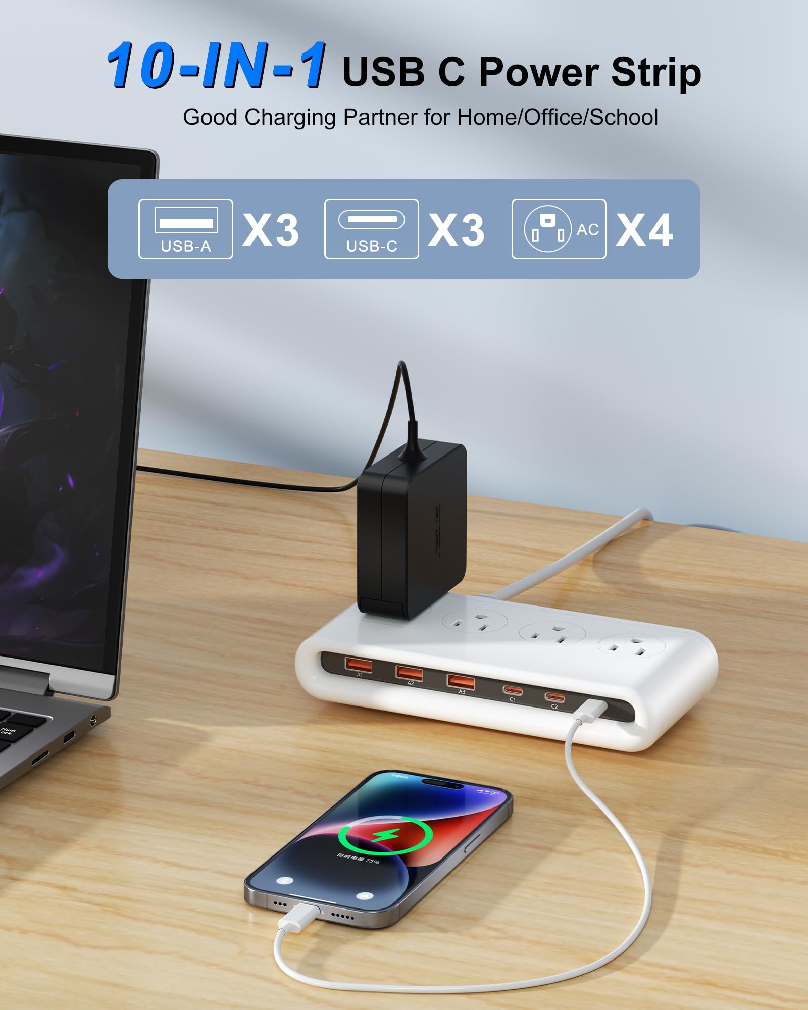 VPSUN power strip USB-C PD20W port enables fast charging for compatible devices.