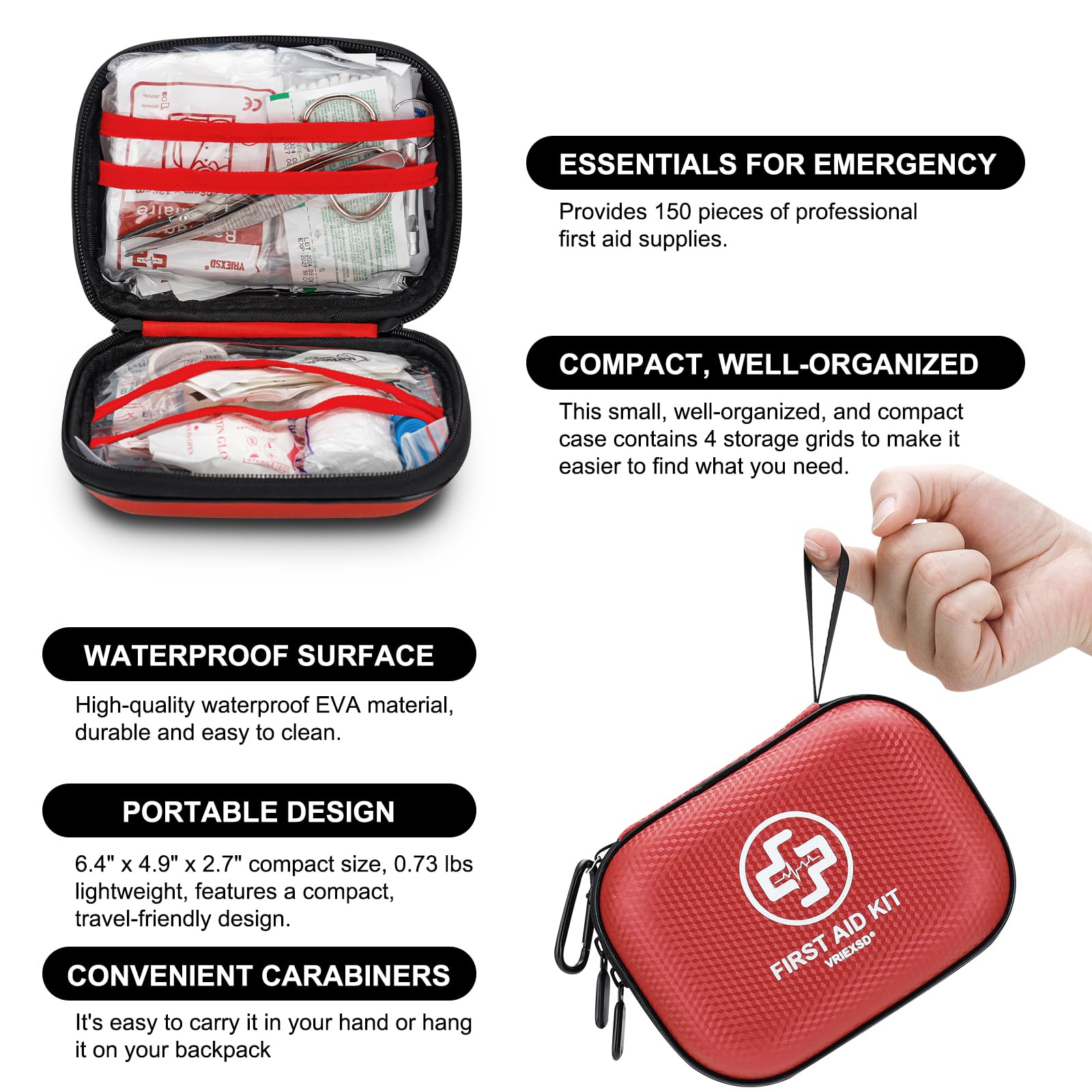 Vriexsd first aid kit 150-piece contents cover basic wound care and safety needs.