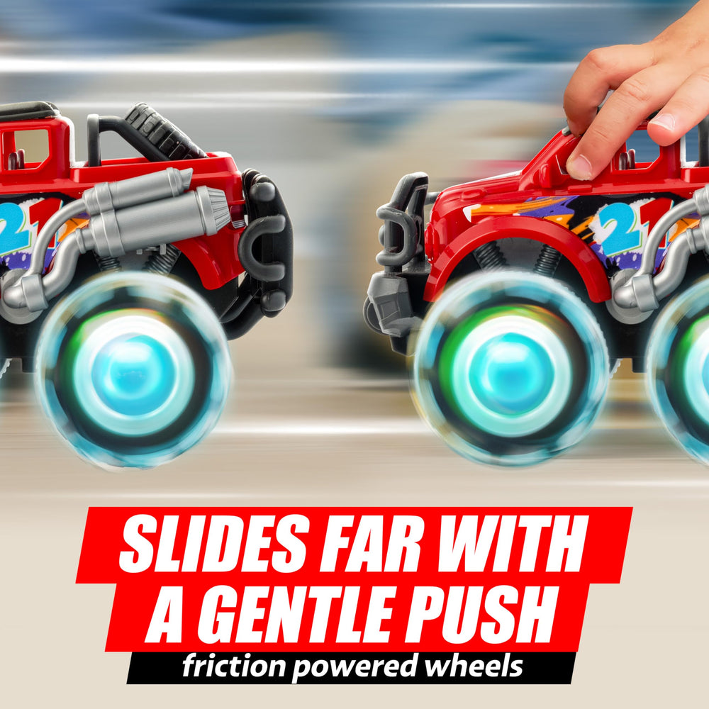 Vroomix JOYIN friction-powered trucks zoom across rooms for energetic play.