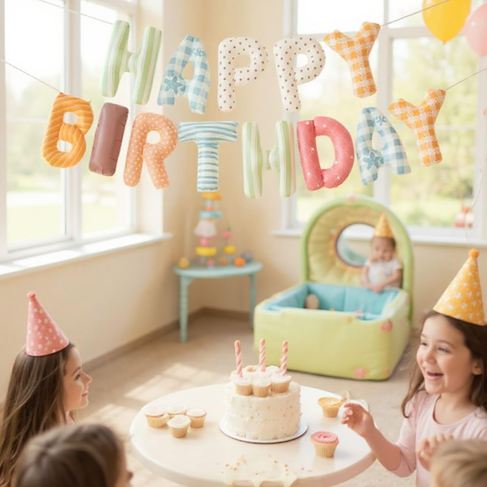 Vrukiaa birthday banner letters with polka dots for playful party decor.