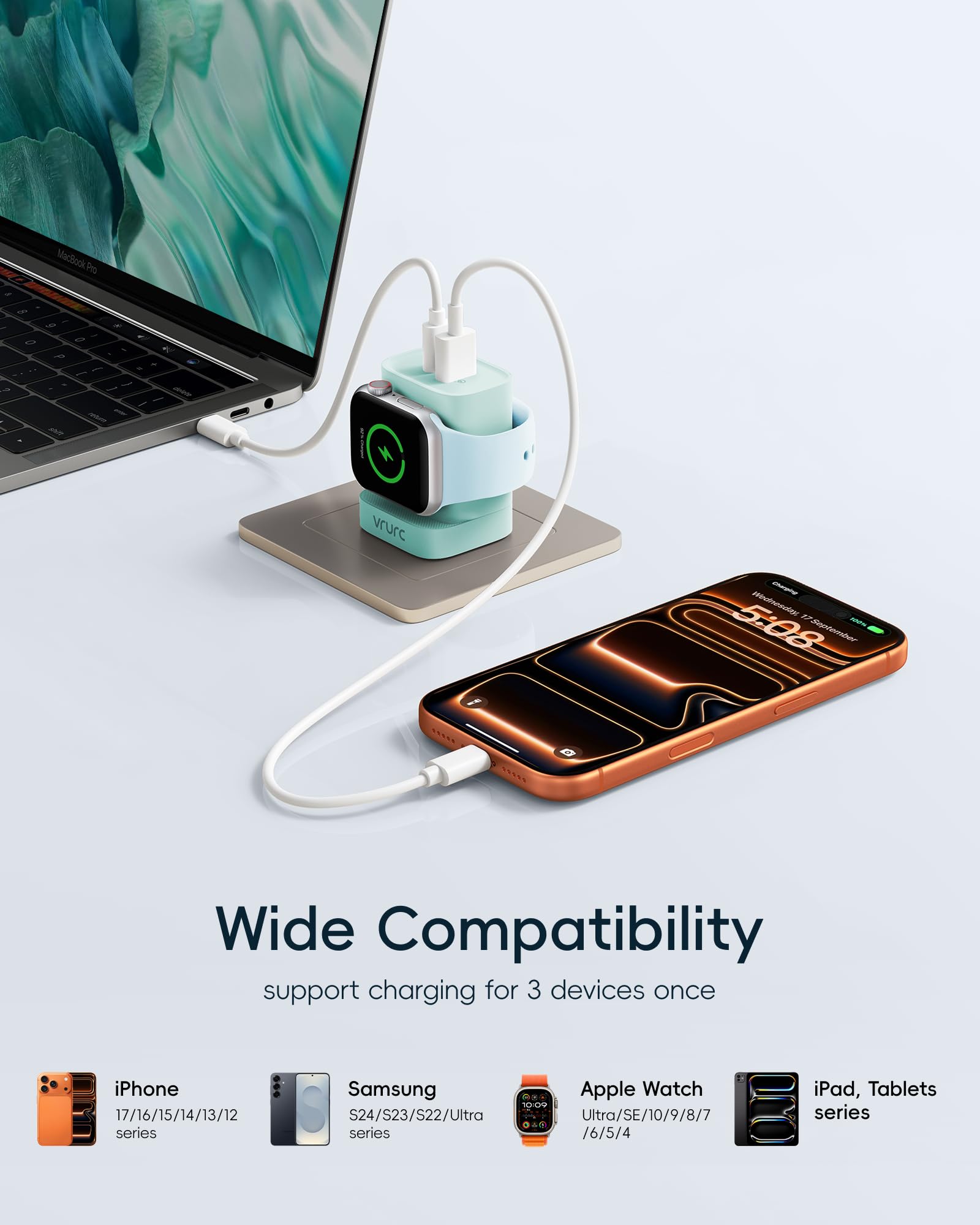 VRURC three-device charging hub powers watch, iPhone, and another device simultaneously