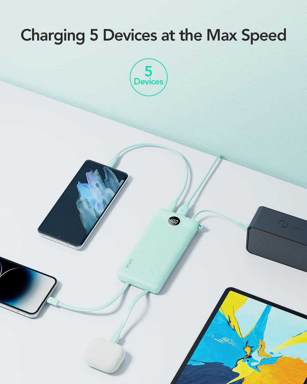 VRURC built-in USB cable charges the power bank without extra cords.