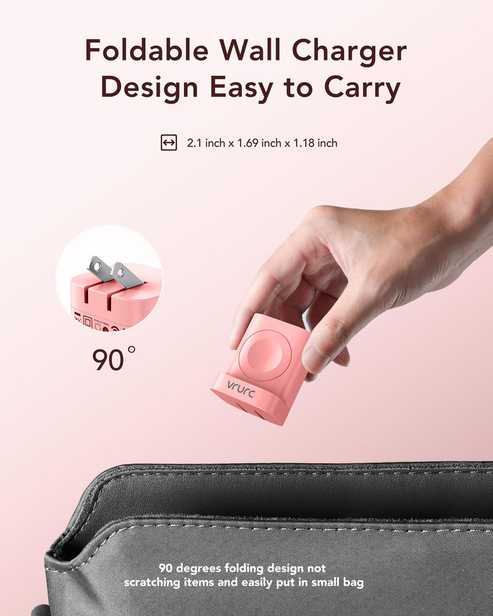 VRURC compact travel charger fits easily in bags and pockets.