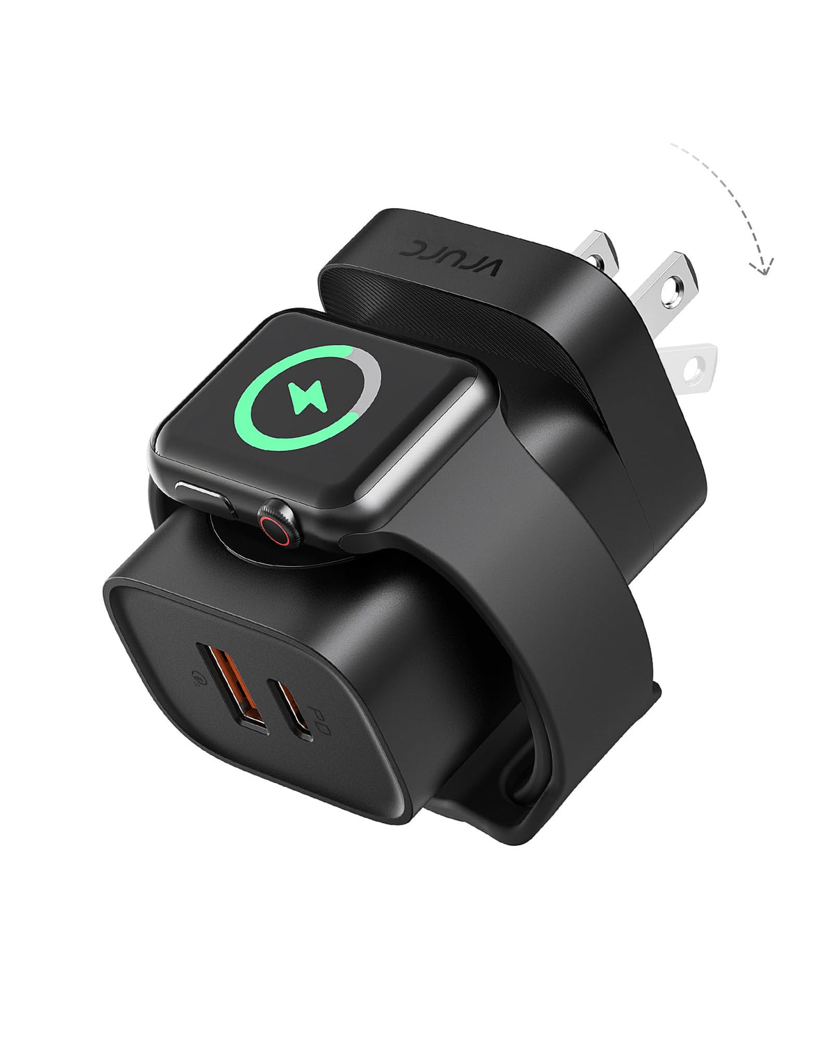 VRURC charger with foldable plug for easy travel and compact packing.
