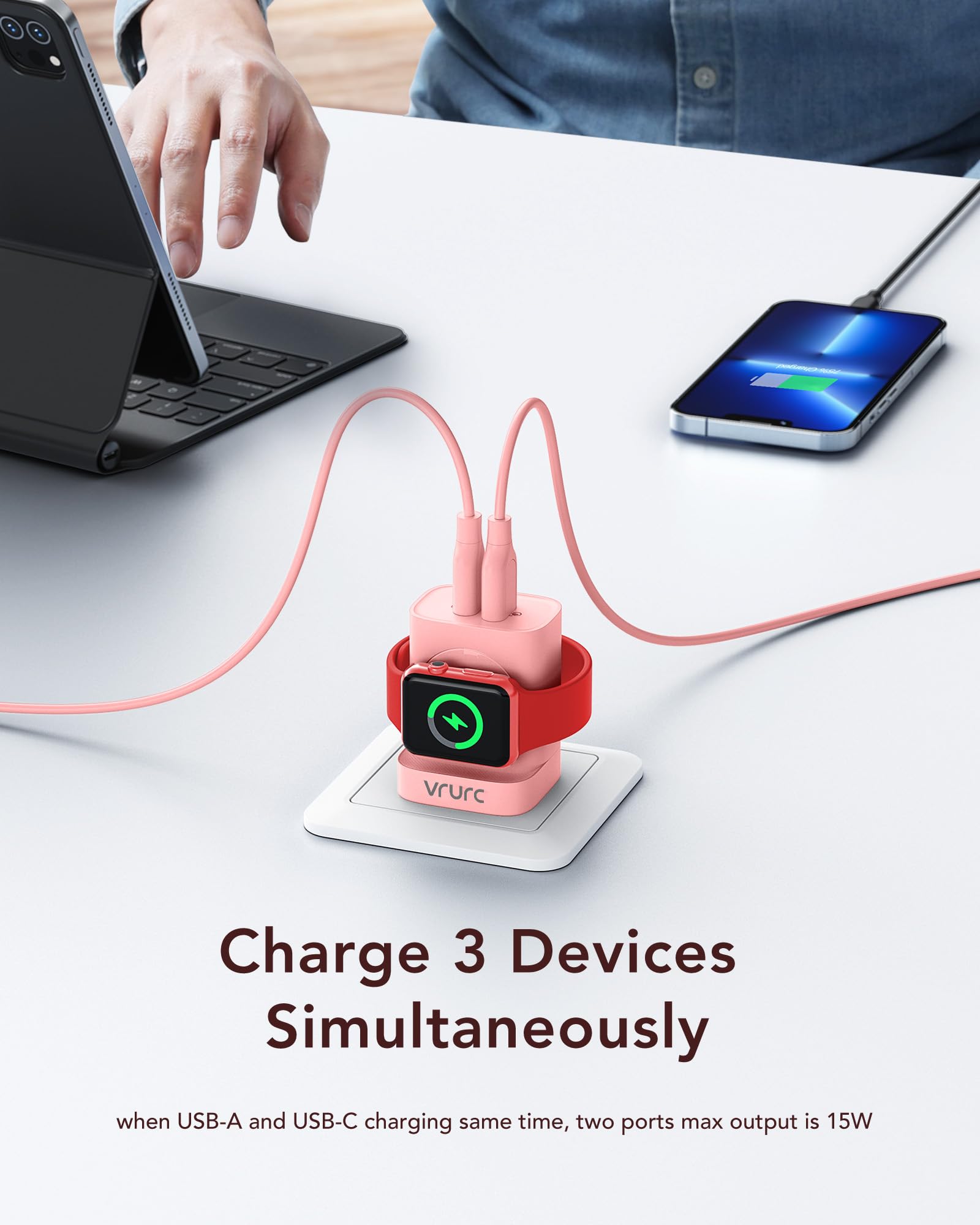 VRURC charger with USB-C and USB-A ports for multiple devices.