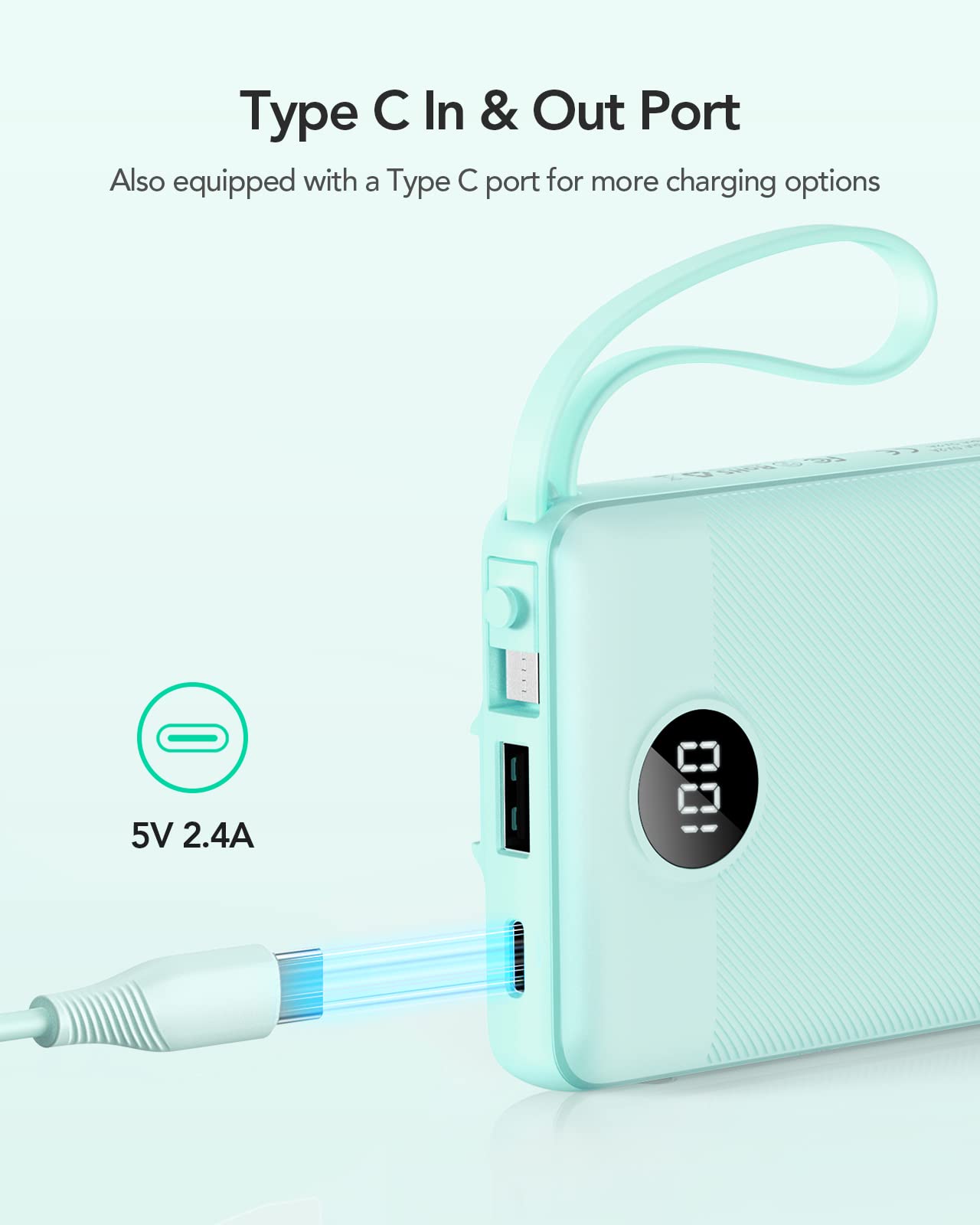 VRURC slim power bank fits in pocket for easy travel.